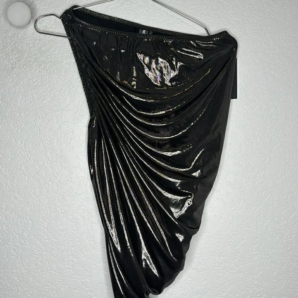 NWT Norma Kamali Diana Metallic Ruched One-Shoulder Gown Small